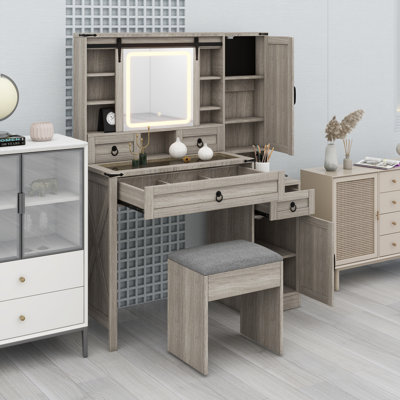 Complete Vanity Set with Glass Top, Storage Drawers, Cabinets, and Matching Stool