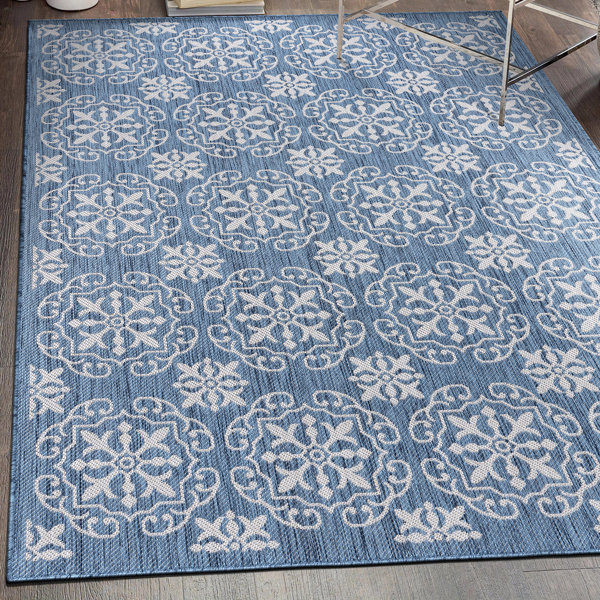 Charlton Home® Chelsey-May Geometric Blue/Cream Indoor & Outdoor Area ...