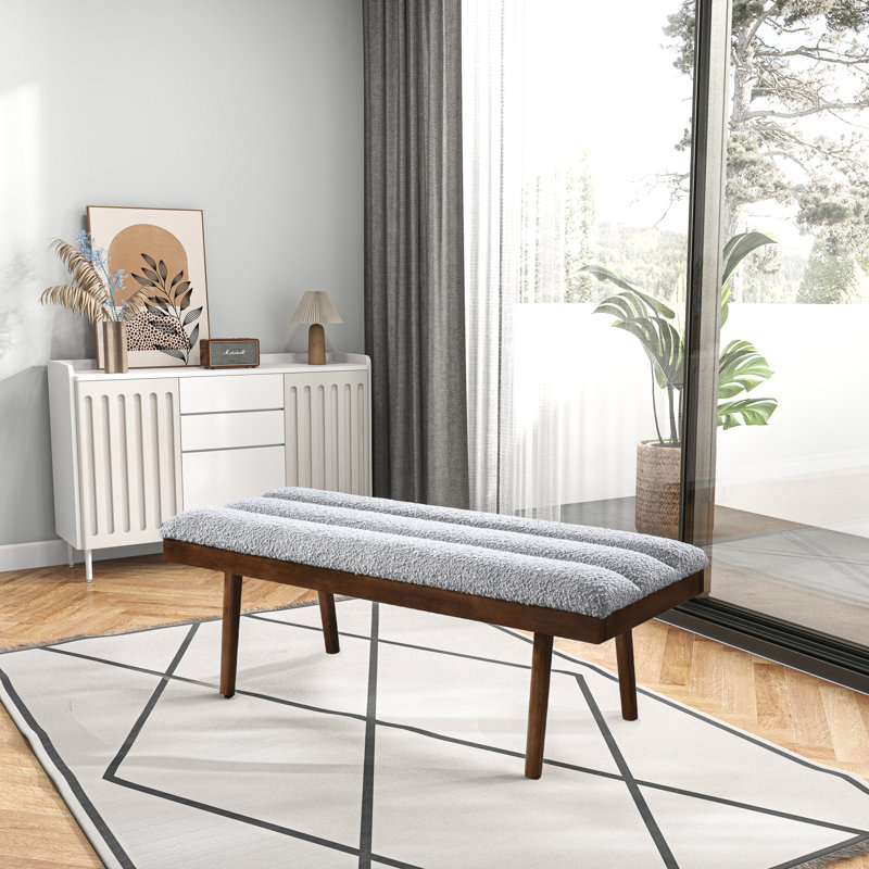 Kaira 48"  Mid-Century Modern Light Grey Boucle Fabric Upholstered Bench