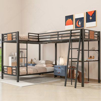 Lit superposé en L avec lit mezzanine avec bureau et tablette pour chambre d'enfant