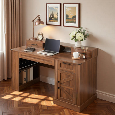 Farmhouse Office Desk With Storage Cabinet, Charging Station, Barn Door Design, Keyboard Tray, Monitor Stand And Pegboard