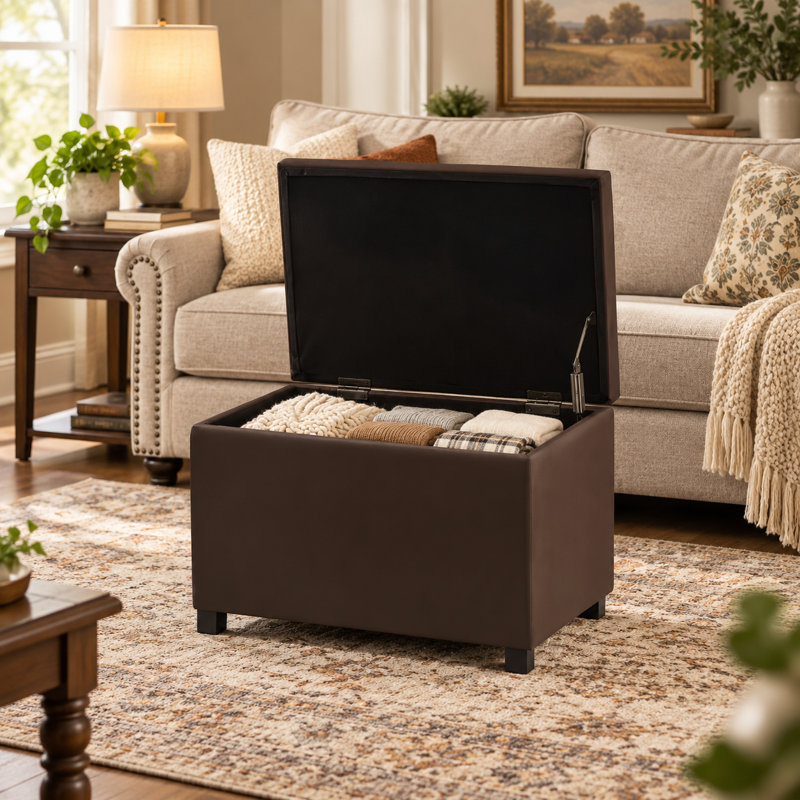 PU Faux Leather Storage Ottoman, Dark Brown, Black