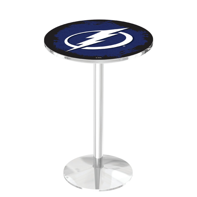 NHL Round Metal Base Dining Table, Chrome, Tampa Bay Lightning