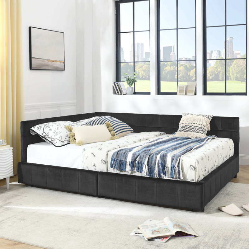 Queen Size Storage Upholstered Tufted Bed Frame, Sofa Bed Frame With Comfortable Backrest And Armrests, Queen Size Bed For Bedroom, Living Room,Velvet