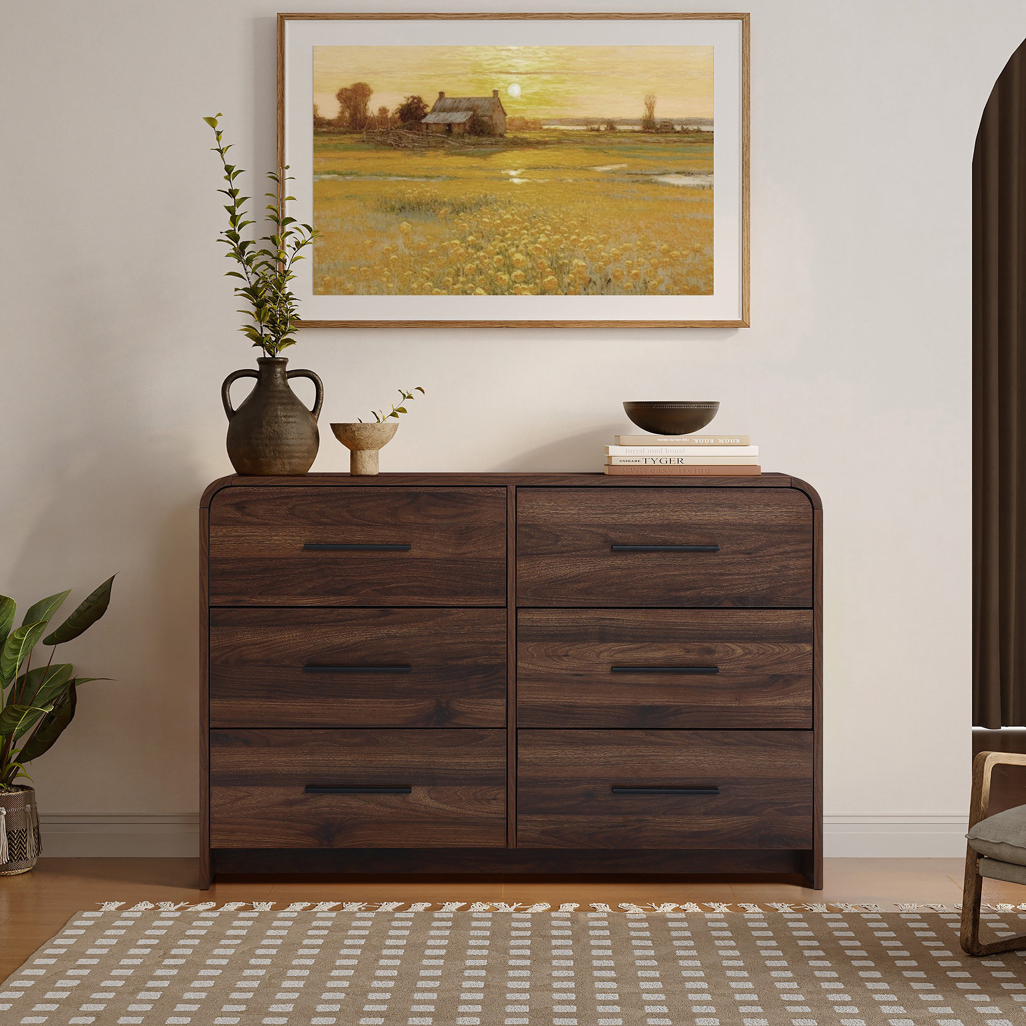 Walnut Finish Engineered Wood 6-Drawer Horizontal Dresser with Rounded Corners Latitude Run Walnut Finish Engineered Wood 6-Drawer Horizontal Dresser with Rounded Corners Latitude Run