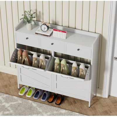 Metal Shoe Cabinet White - 4 Flip Drawers + 3 Drawers, Slim 11.8"D Freestanding Steel Shoe Organizer, Anti-Tip Hidden Entryway Shoe Rack