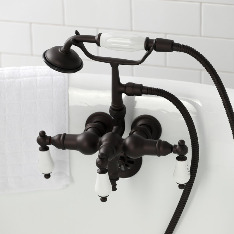 Kingston Brass Vintage Three-Handle 2-Hole Tub Wall Mount Clawfoot Tub Faucet with Hand Shower, Oil Rubbed Bronze