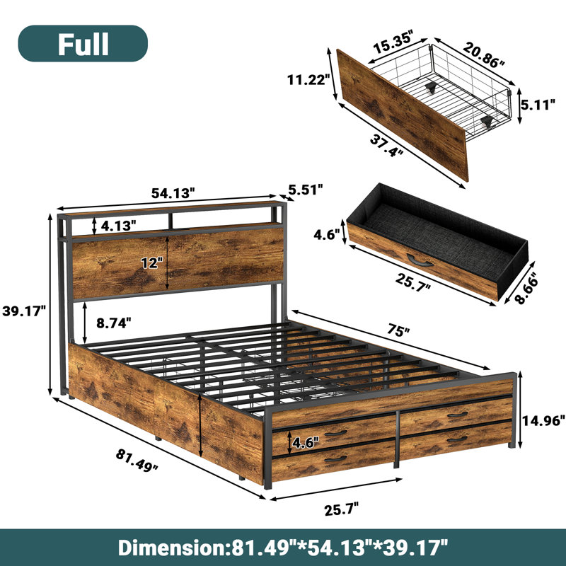 Bed Frame With 8 Storage Drawers, LED Headboard With Charging Station, Full