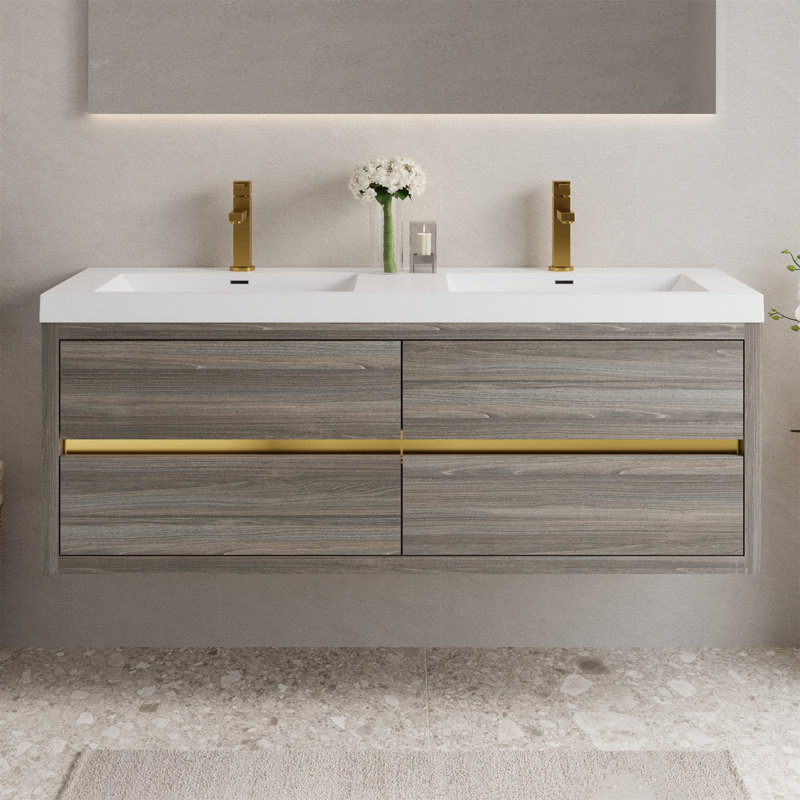 Meuble-lavabo mural avec lavabo, Bois de frêne gris, 59"