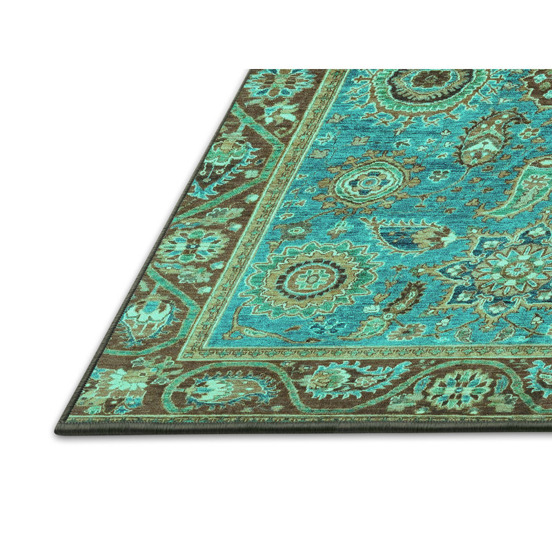 Tapis géométrique bleu / brun fabriqué à la machine, Rectangle 2 pi x 3 pi