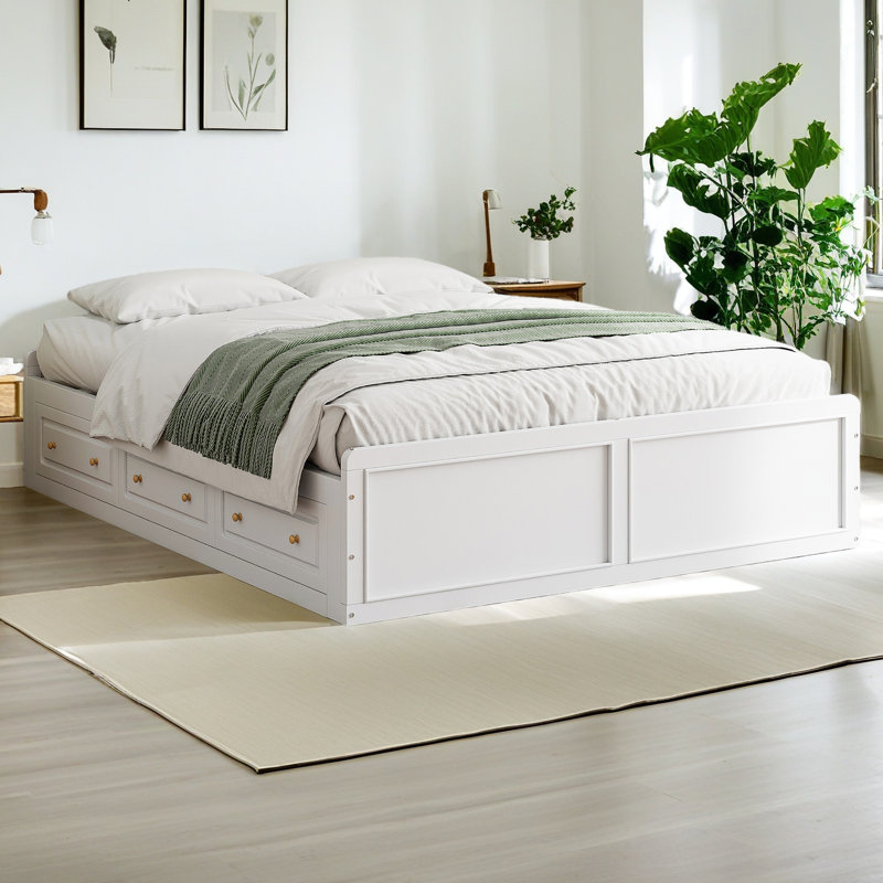 Structure de lit plateforme en bois avec 6 tiroirs, Blanc