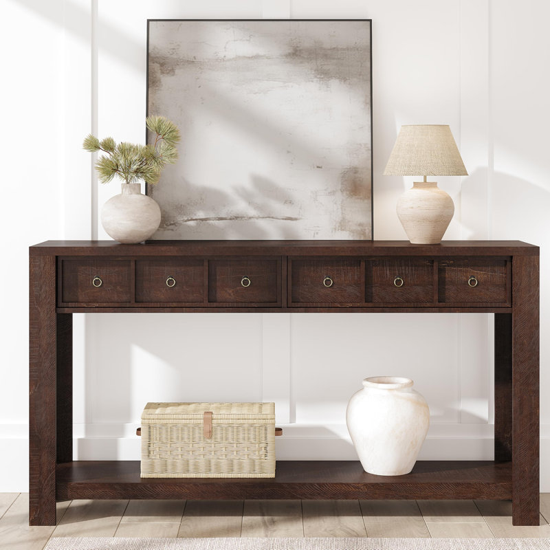 Rustic Farmhouse Console Table with 6 Drawers.   Wood Entryway Table with Open Lower Shelf. Narrow Sofa Table for Living Room. Hallway
