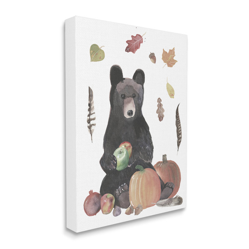 Ourson tenant des pommes, un feuillage d'automne et des citrouilles - impression, Toile tendue, H 30 po x l 24 po x P 1,5 po