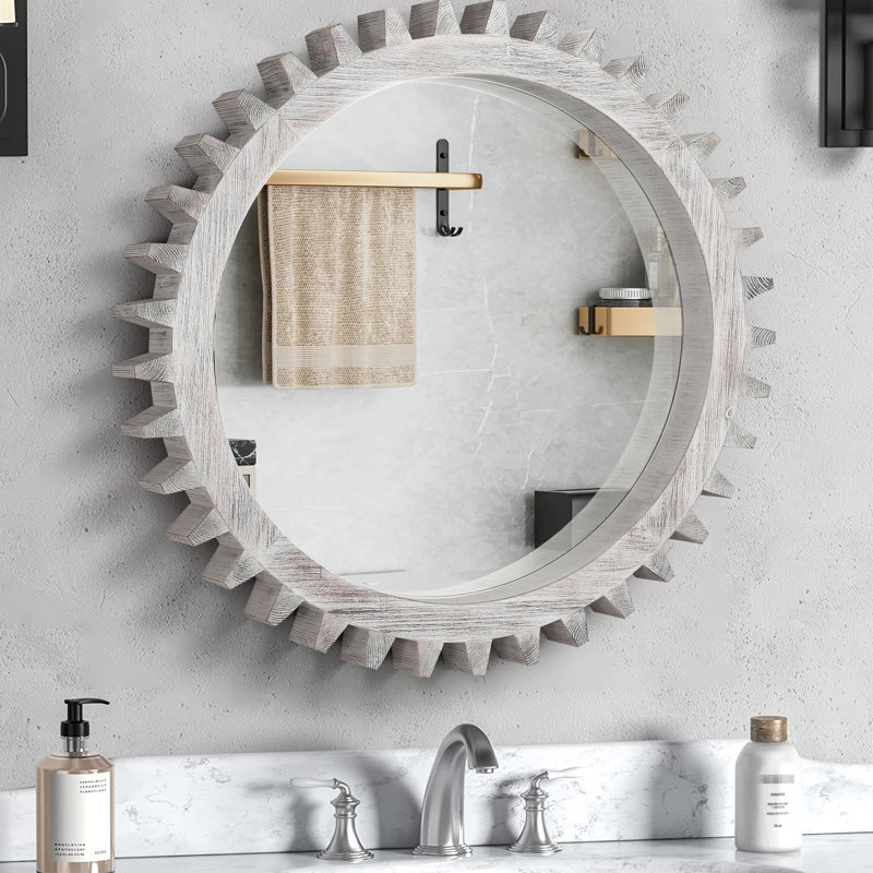 Miroir décoratif Vintage Style Gear, 34 po x 34 po. Blanc antique antique, idéal pour la maison, la salle de bain, le salon, le vestibule, le grand miroir à fixation facile. Méthode d'installation adaptée sans effort