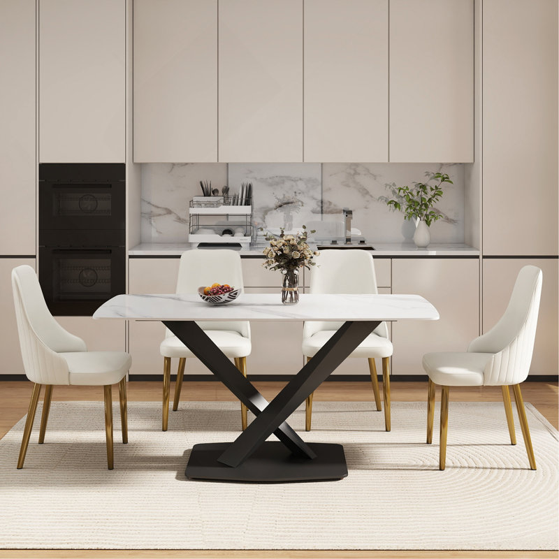 63"Modern Artificial Stone White Curved Black Metal Leg Dining Table -6 People, Black, White, 29.53" H x 63" W x 31.5" D