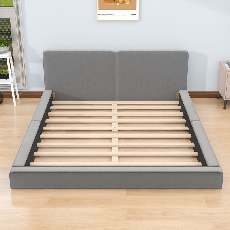 Kjellfrid Velvet Queen Upholstered Platform Bed with Headboard, Gray