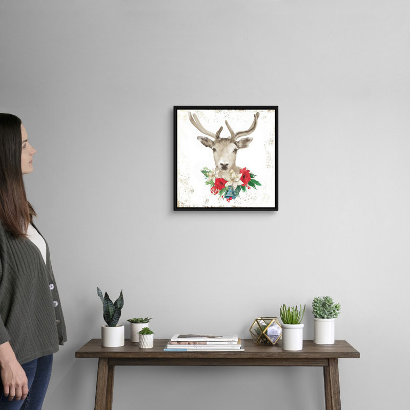 Cerf de Noël-reproduction d’art sur toile, Cadre noir, H 18 po x l 18 po x P 1,75 po