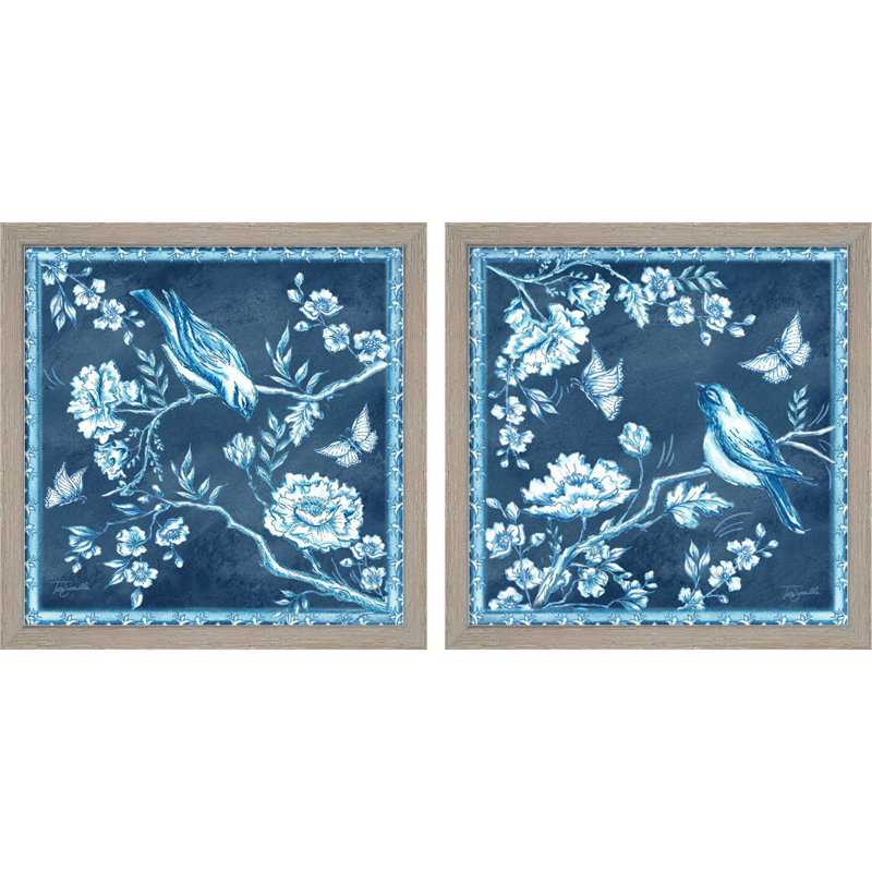 Blue and White Chinoiserie Bird Print on Canvas Set