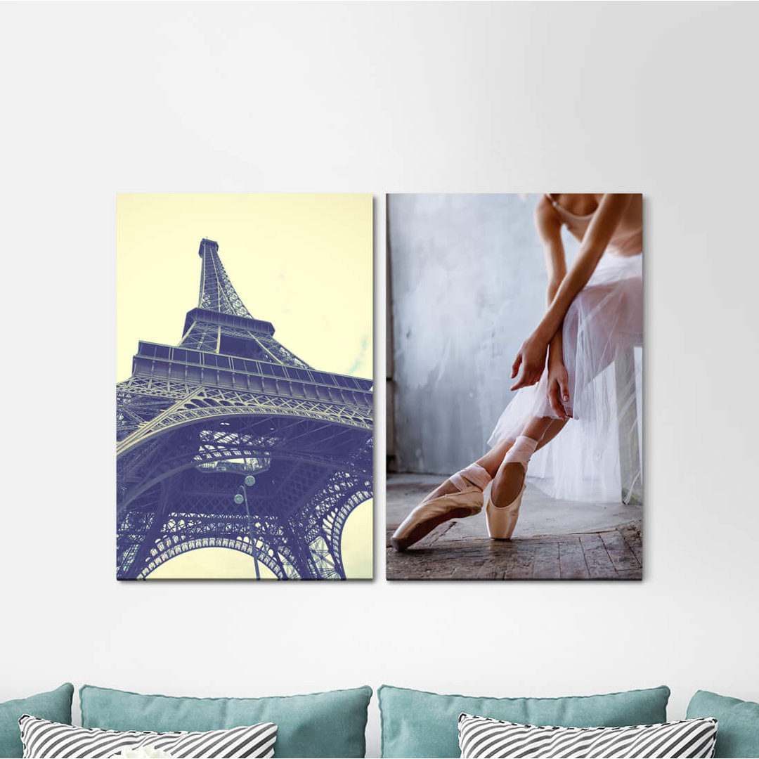 2-tlg. Leinwandbilder-Set - Fotografie „Ballerina Ballet Eiffel Tower Paris France Legs Culture”