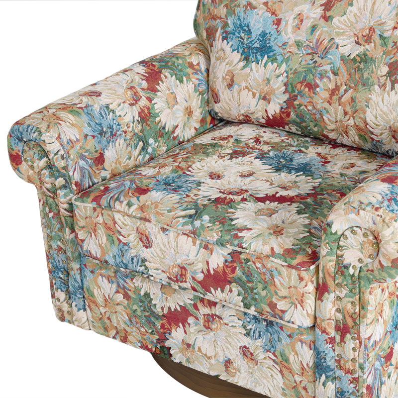 Fauteuil pivotant rembourré avec accoudoirs roulés et garniture cloutée, Fleurs orange