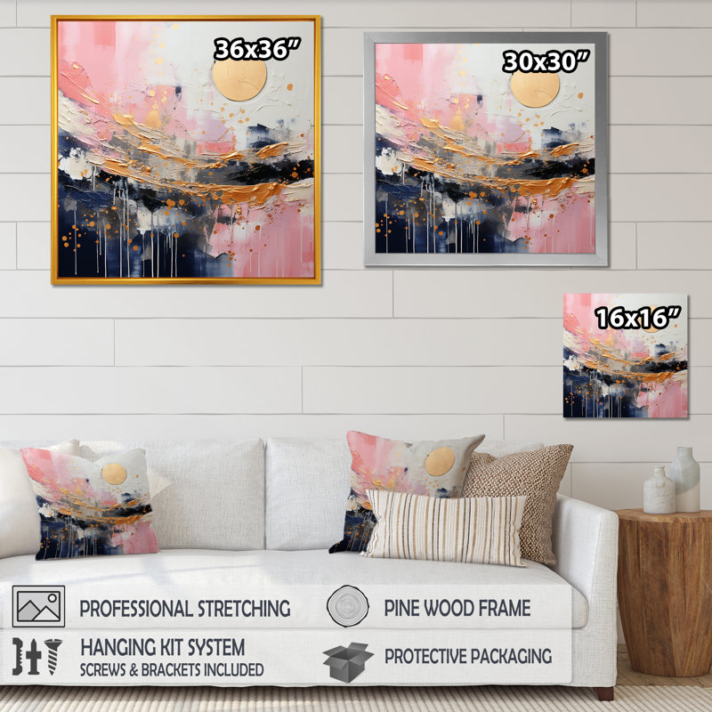 Art moderne encadré doré et rose - formes abstraites modernes, H 36 po x l 36 po x P 1,5 po, Toile tendue