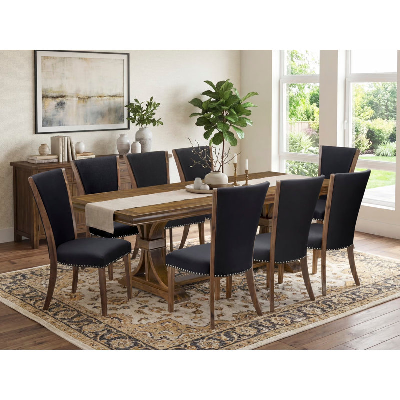 9-piece Dining Table Set includes a Dining Table and 8 Black Linen Fabric Dining room Chairs with Button tufted Back - Antique Walnut Finish