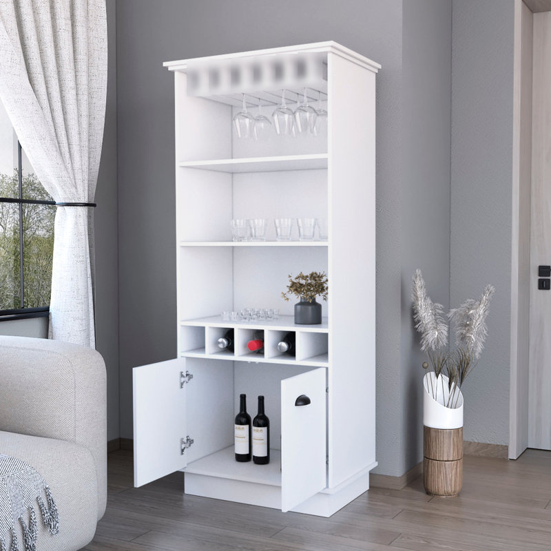 Bar blanc avec options de rangement efficaces - 3 tablettes, 5 bouteilles, organisateur de verrerie mis à jour pour un placement spacieux et optimisé