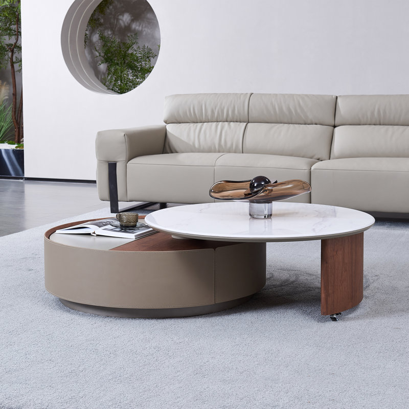 Table basse gigogne en bois fritté avec plateau rotatif à 360 degrés, plateau de rangement et tiroir surélevés, aucun assemblage requis
