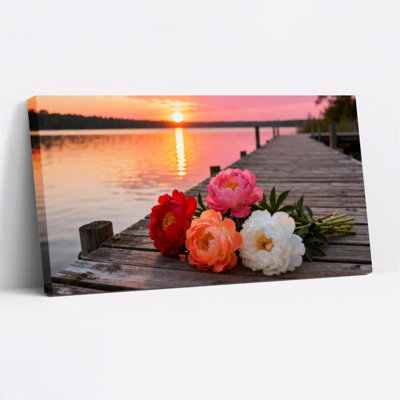 Ensemble de 1 tableau sur toile « Quai au coucher du soleil avec pivoines »