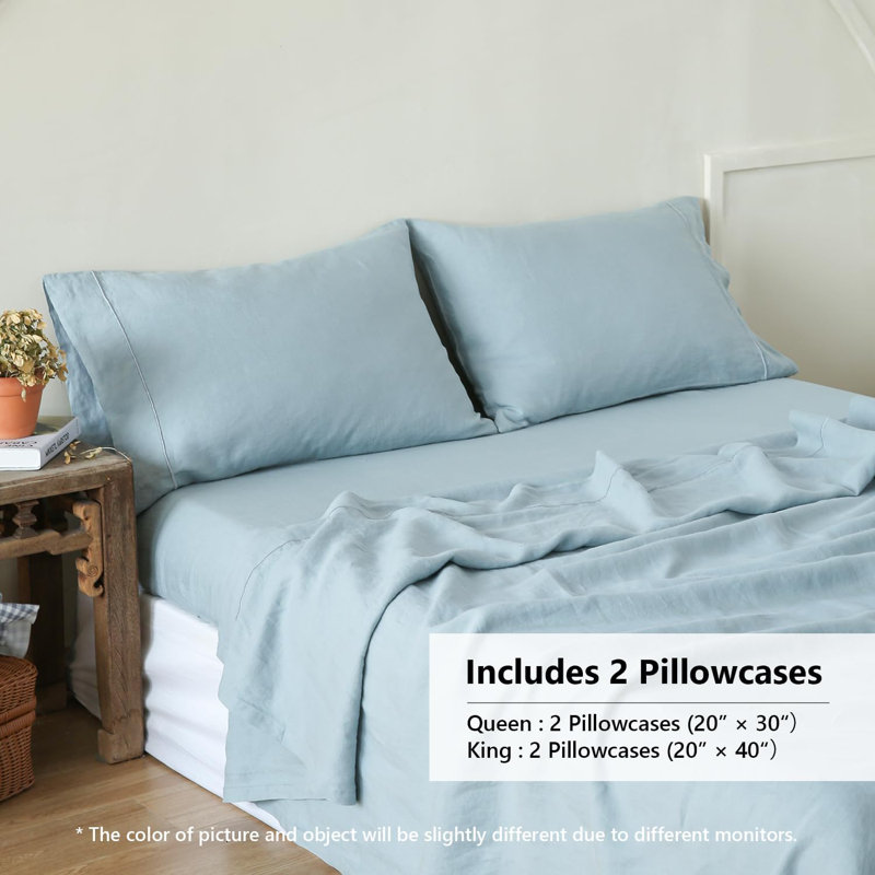 100% French Linen Pillowcase Set Of 2- Washed Solid Color Pillow Cases Embroidered, Dusty Blue, King Pillow Case