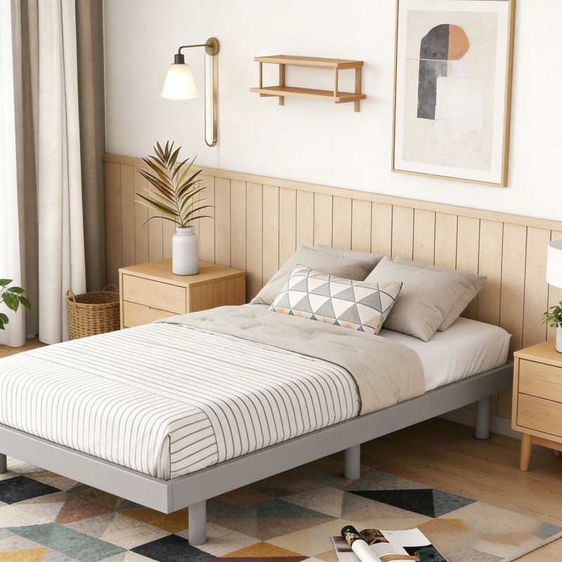 Base de lit plateforme moderne flottante, Gris, Lit simple