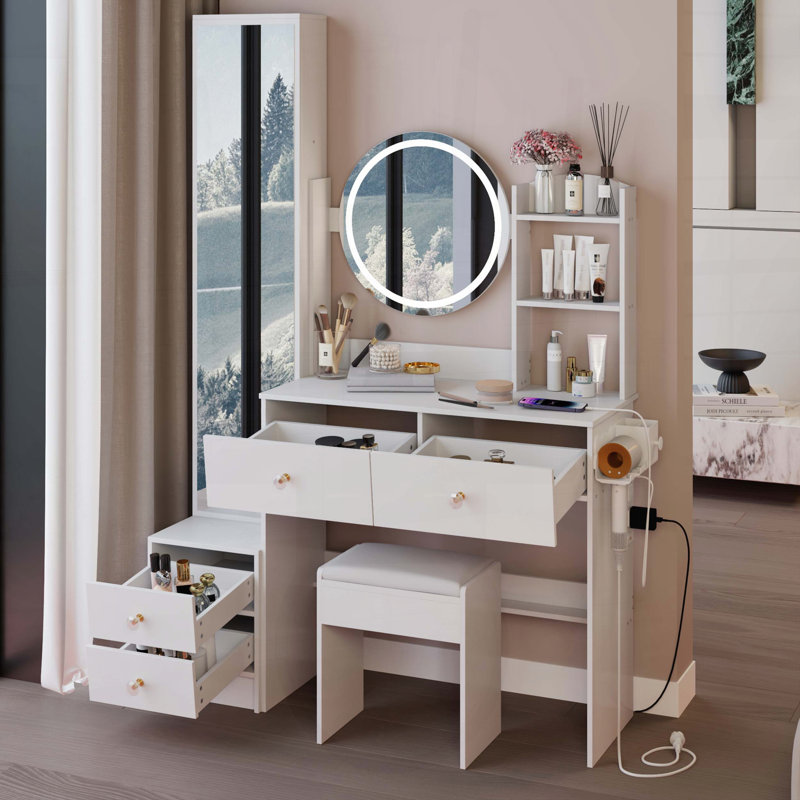 Ensemble de meuble-lavabo à miroir complet avec table de coiffeuse ronde à DEL