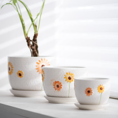 Pots à plantes, ensemble de 3 pots à fleurs en tournesol en céramique pour plantes d'intérieur, pots de 4 + 5 + 6 pouces avec trou de drainage, pots de jardin, pots à fleurs Catus