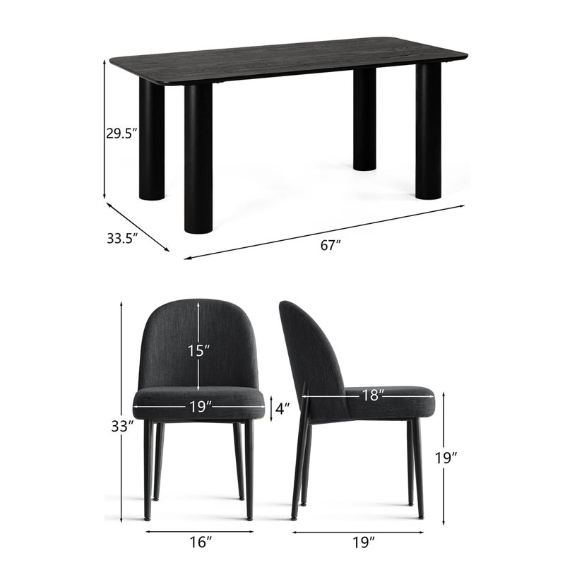 7-Piece Modern Dining Table Set With Upholstered Chairs With Metal Legs, Charcoal Black
