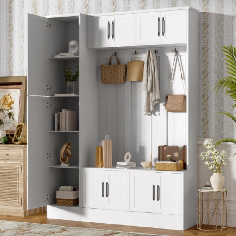 Tall Modern Hall Tree With Storage Bench - 79" Entryway Organizer With 6 Cabinets, 4 Coat Hooks, Adjustable Shelf For Hallway Or Living Room