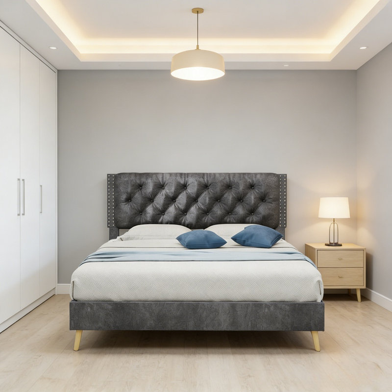Structure de lit tapissier en velours avec tête de lit capitonnée, garniture cloutée, structure en bois robuste, cadre de lit de luxe moderne pour la chambre principale
