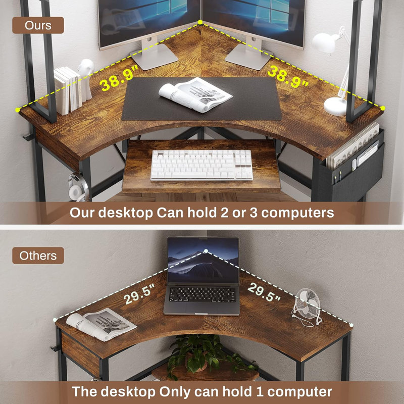 Athelia Corner Metal Base Computer Desk, Brown/Black