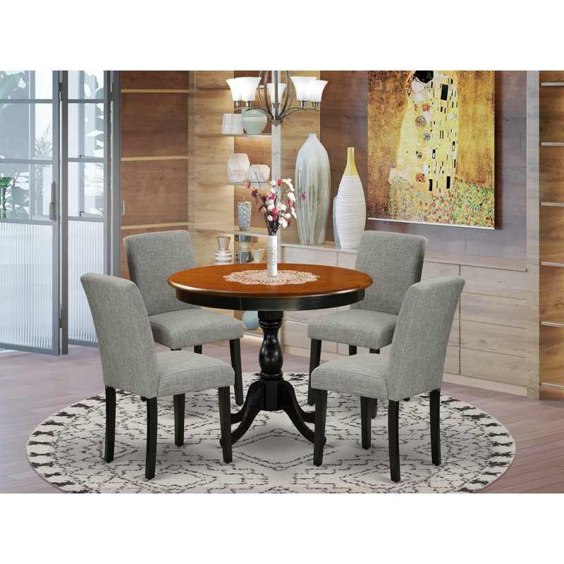 5 Piece Dining Set Includes a Round Kitchen Table with Pedestal and 4 Shitake Linen Fabric Parson Dining Chairs, Black & Cherry