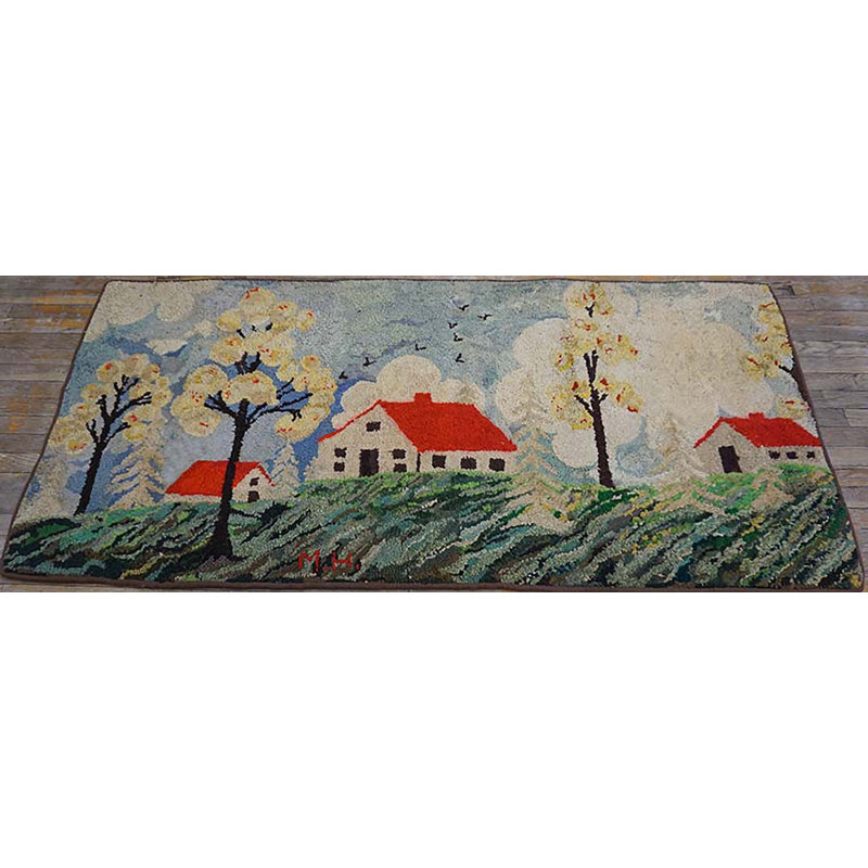 Antique American Scenic Folk Art Farm Cabin Design Hooked Rug