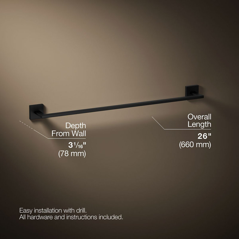 Square Towel Bar, Matte Black, 24"W