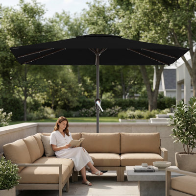 8×10FT Solar LED All-Steel Rectangular Patio Umbrella, UPF 50+ UV Protection, Crank Handle, 8 Heavy Duty Ribs, Outdoor Market Umbrella for Garden, Pool, Backyard, Black
