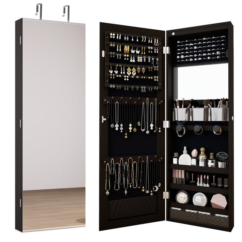 Armoire à bijoux murale 14,5 po de large avec miroir et lumière DEL, Noir