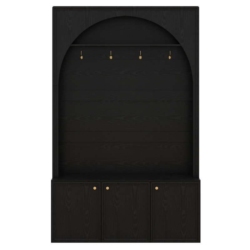 Arched Hall Tree With Storage Bench, Entryway Storage Bench With Golden Hooks And Adjustable Shelves, 3 Cabinets, Black