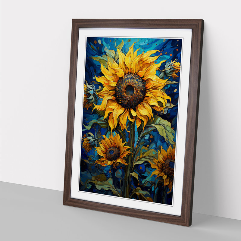 Sunflower Expressionism - Single Picture Frame Print on Wood, 34cm H x 25cm W x 2cm D, Walnut