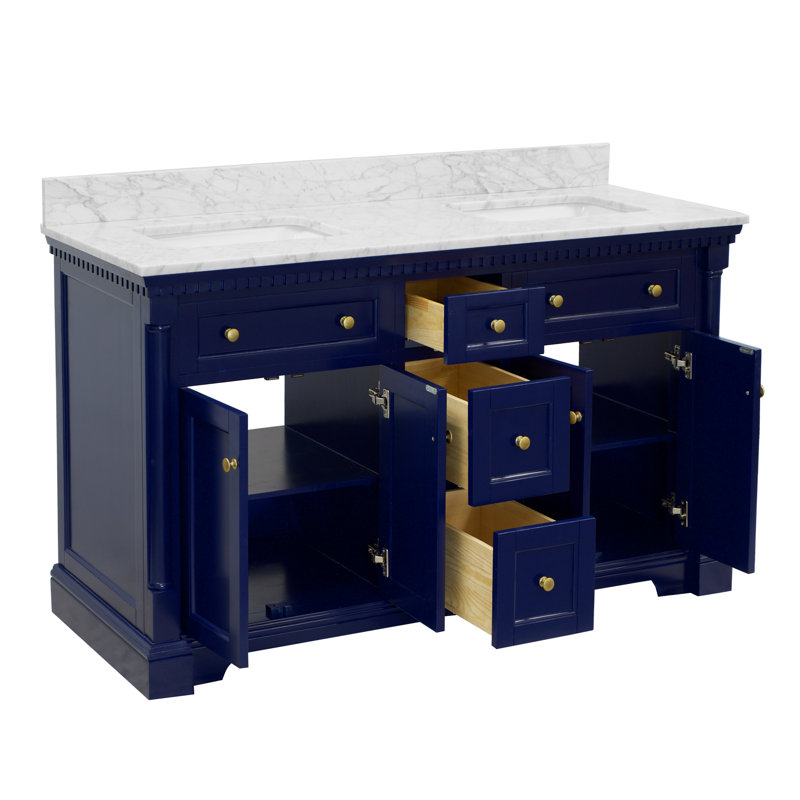 Fossen 60" Double Bathroom Vanity Set with Royal Blue Cabinet and Carrara Marble Countertop, Royal Blue, Carrara Marble