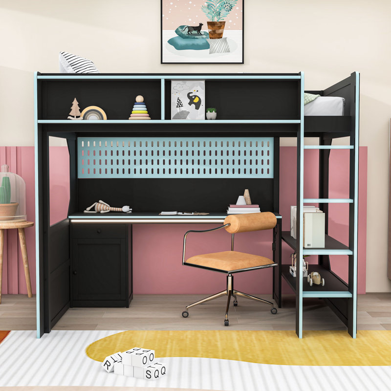 Lit mezzanine avec bureau, lumières et station de charge intégrée, Twin, Black Blue