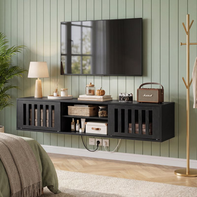  Meuble télé 59 po flottant avec prise de courant pour téléviseur de 75 po ou moins, 2 niveaux de divertissement à fixation murale avec rangement, console de télévision flottante rétro pour le salon, la chambre à coucher, noir