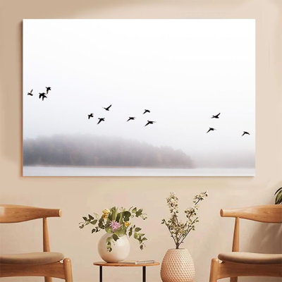 1Pc Framed Canvas Poster Print Birds in Flight Against a Foggy, Monochromatic Landscape Wall Art Decor, Perfect for Room Decor Living Room Bedroom Office Kitchen Bathroom Home Decor, Ideal Home Wall Decoration Gift