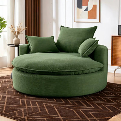 58" Green Swivel Barrel Accent Chair, 360° Rotation, Dual Cushion & 3 Pillows