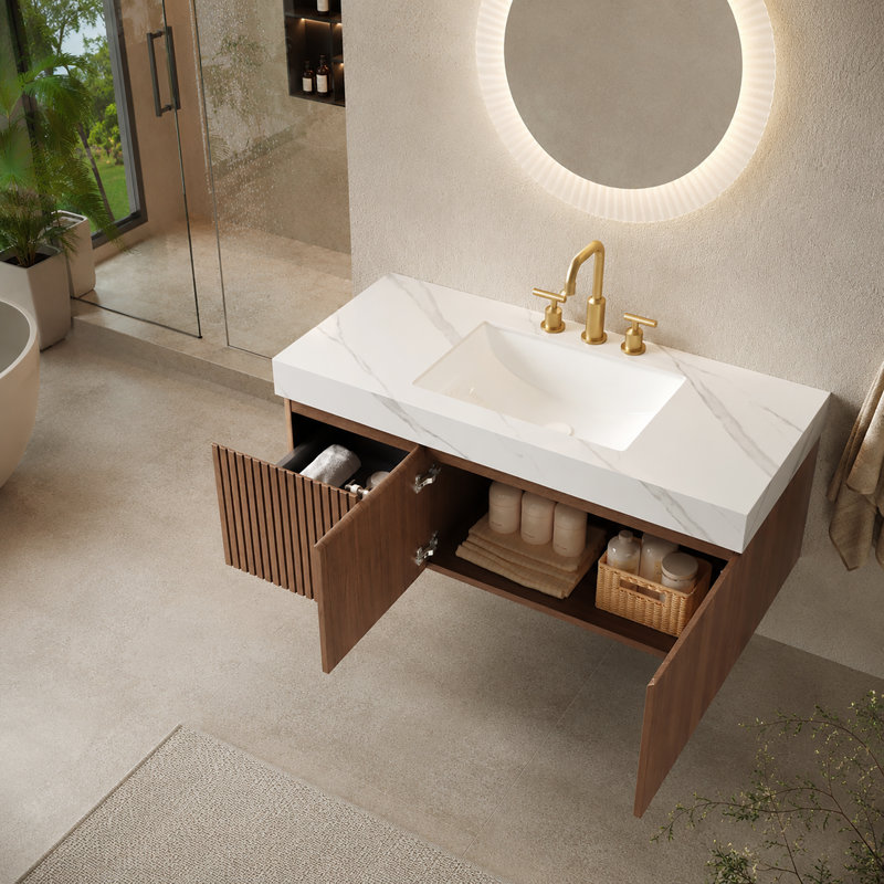 Ensemble de meuble-lavabo flottant moderne avec lavabo 48 po Alba, Chêne brun, Blanc de Carrare